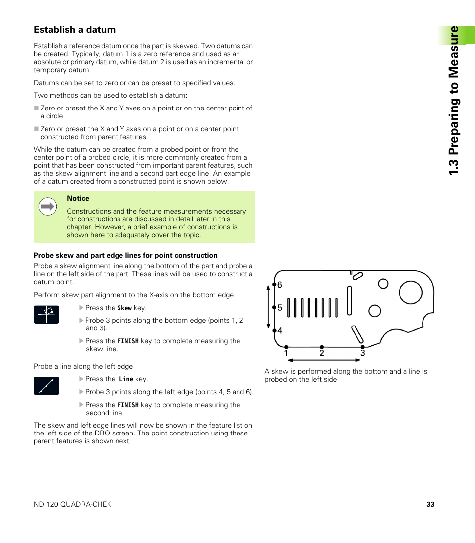 Establish a datum, 3 pr epar ing t o measur e | HEIDENHAIN ND 100 User Manual User Manual | Page 33 / 116