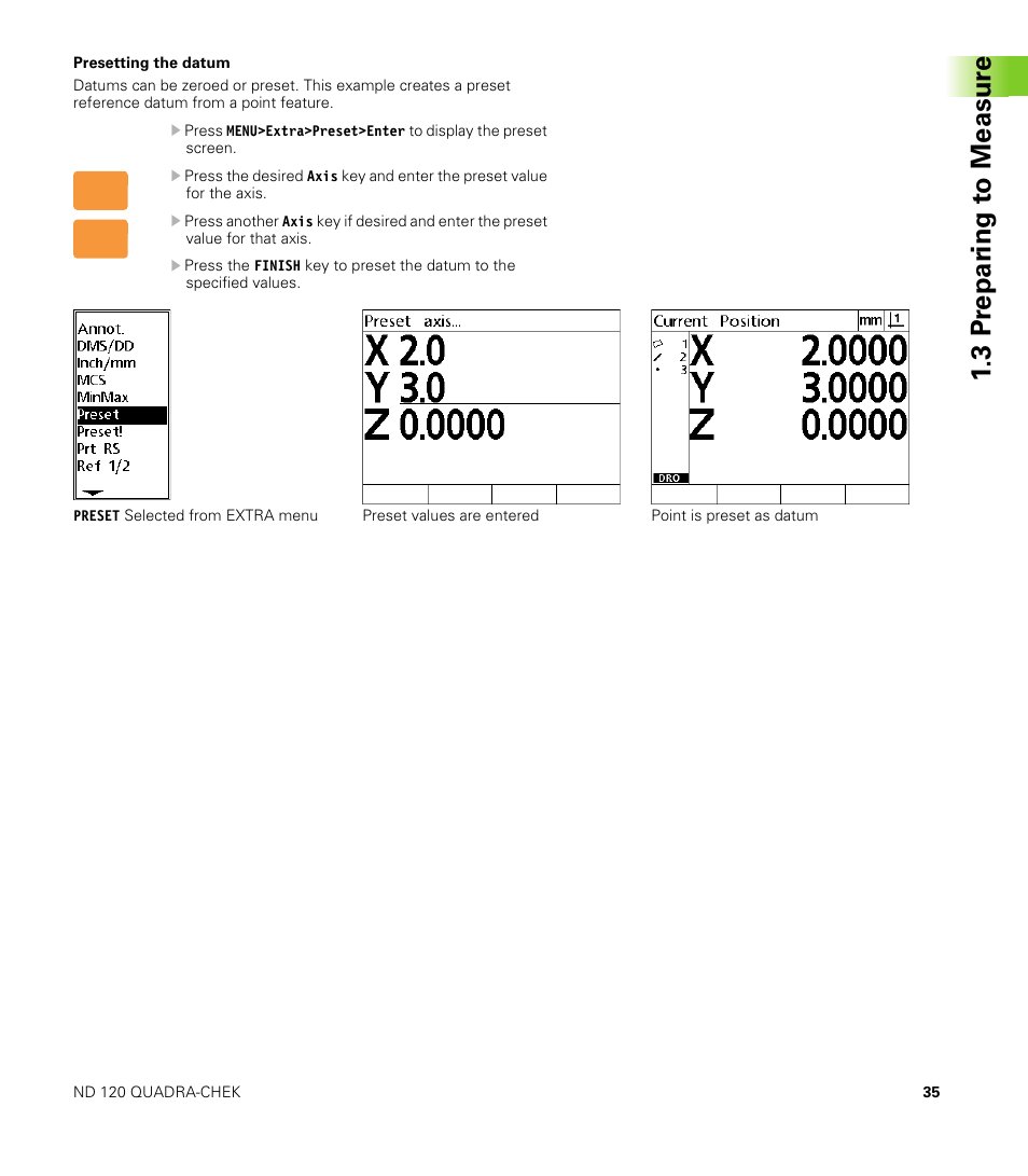 Presetting the datum, 3 pr epar ing t o measur e | HEIDENHAIN ND 100 User Manual User Manual | Page 35 / 116