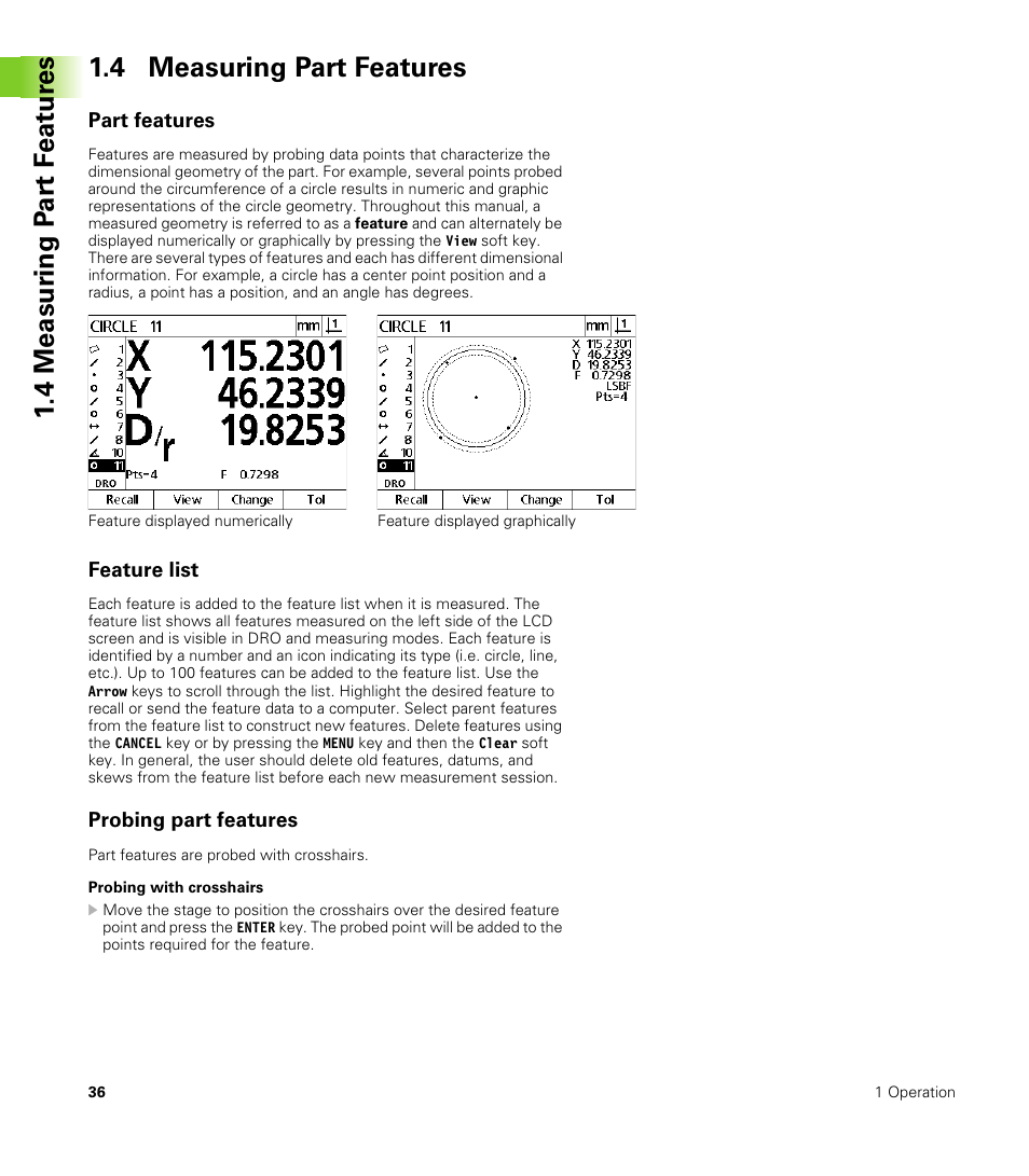 4 measuring part features, Part features, Feature list | Probing part features, Part features feature list probing part features, Probing with crosshairs | HEIDENHAIN ND 100 User Manual User Manual | Page 36 / 116