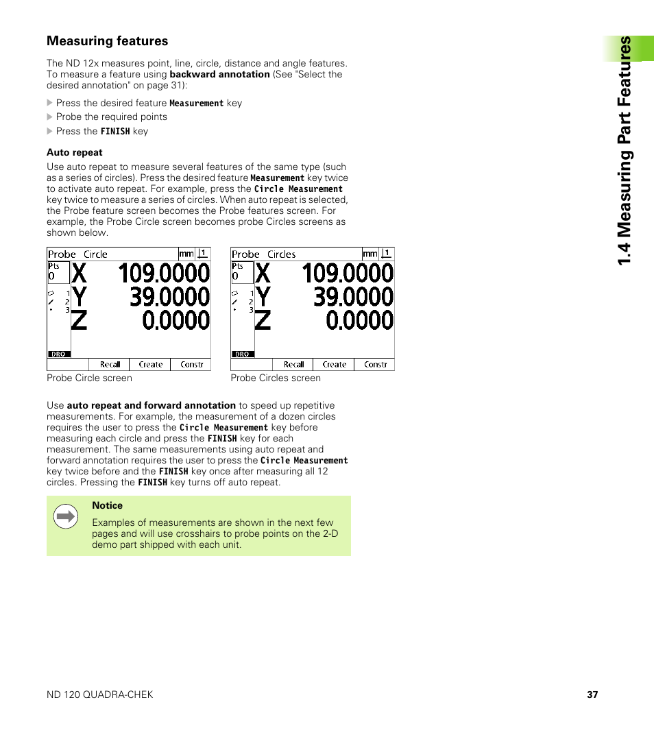 Measuring features, Auto repeat, 4 measur ing p a rt f eat ur es | HEIDENHAIN ND 100 User Manual User Manual | Page 37 / 116