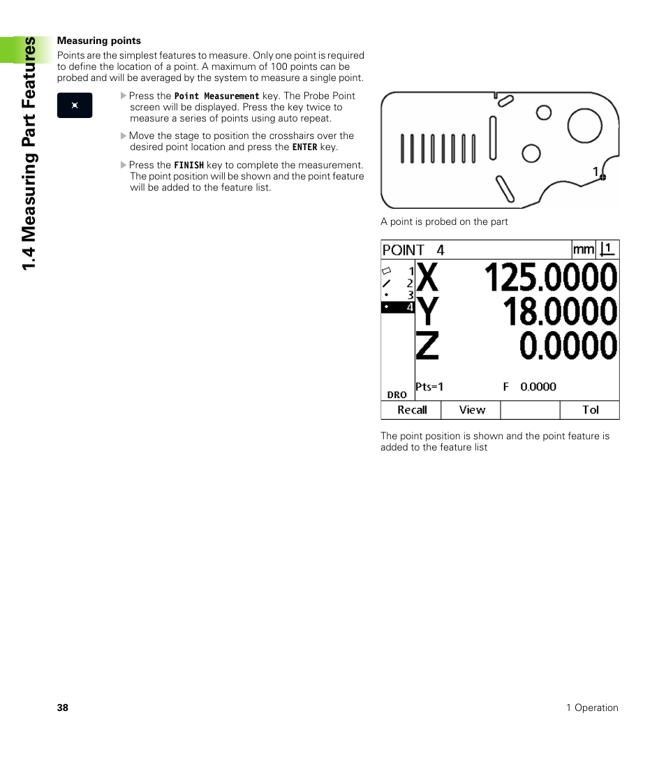 Measuring points, 4 measur ing p a rt f eat ur es | HEIDENHAIN ND 100 User Manual User Manual | Page 38 / 116