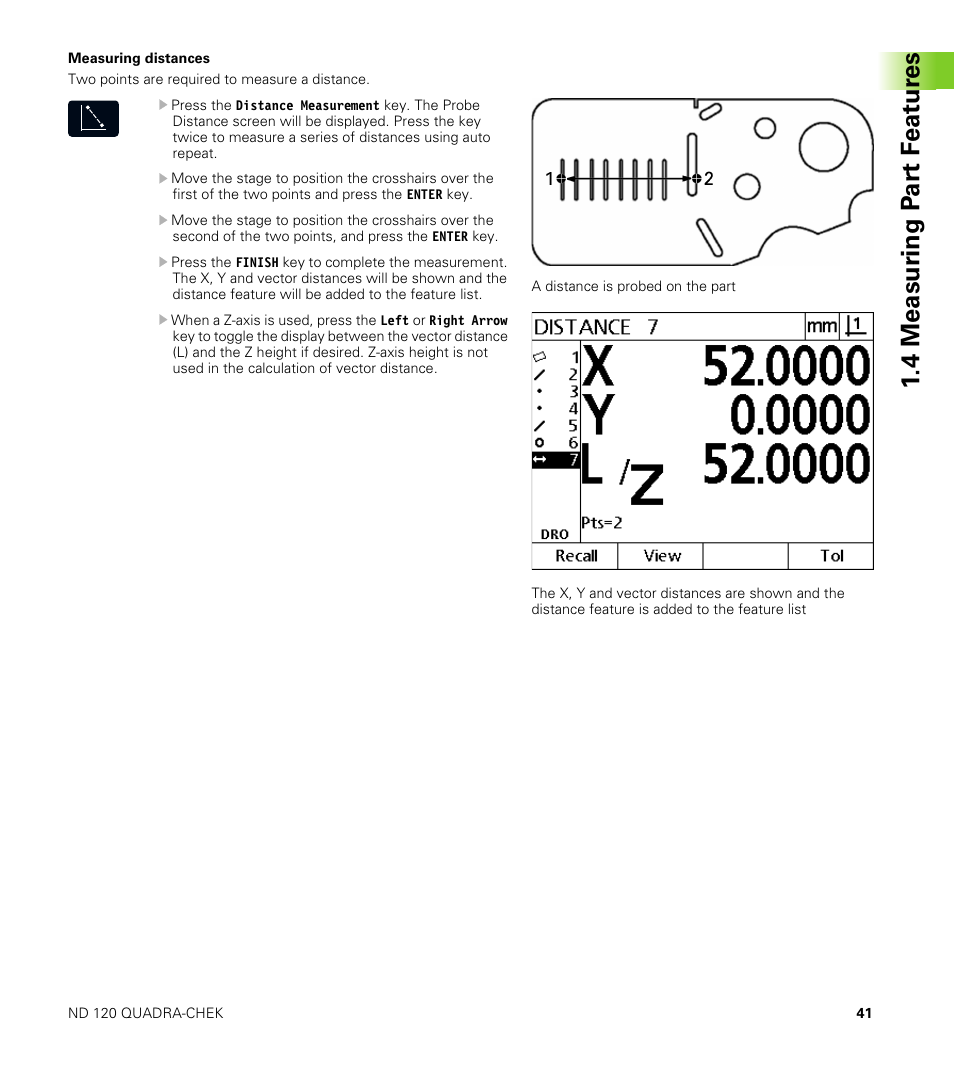 Measuring distances, 4 measur ing p a rt f eat ur es | HEIDENHAIN ND 100 User Manual User Manual | Page 41 / 116