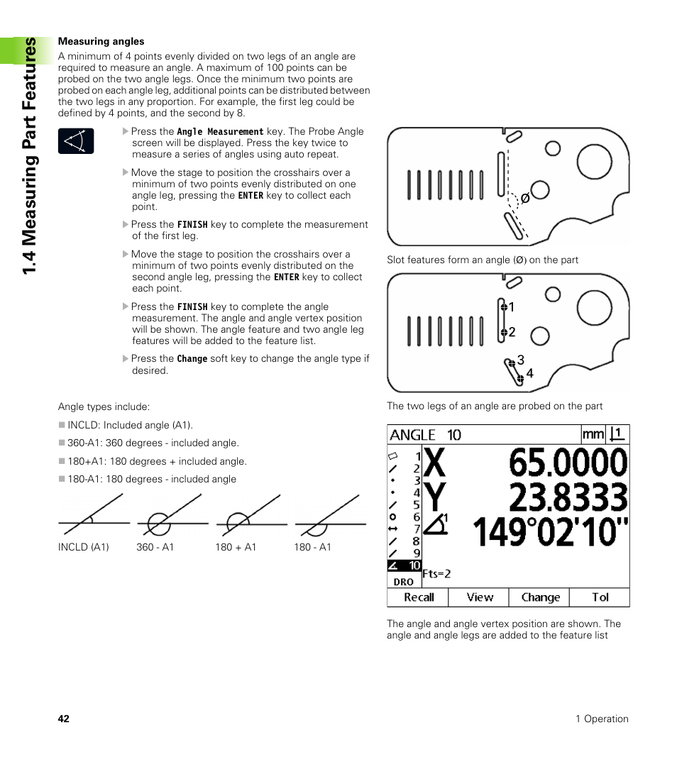 Measuring angles, 4 measur ing p a rt f eat ur es | HEIDENHAIN ND 100 User Manual User Manual | Page 42 / 116
