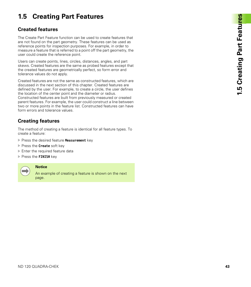 5 creating part features, Created features, Creating features | Created features creating features | HEIDENHAIN ND 100 User Manual User Manual | Page 43 / 116
