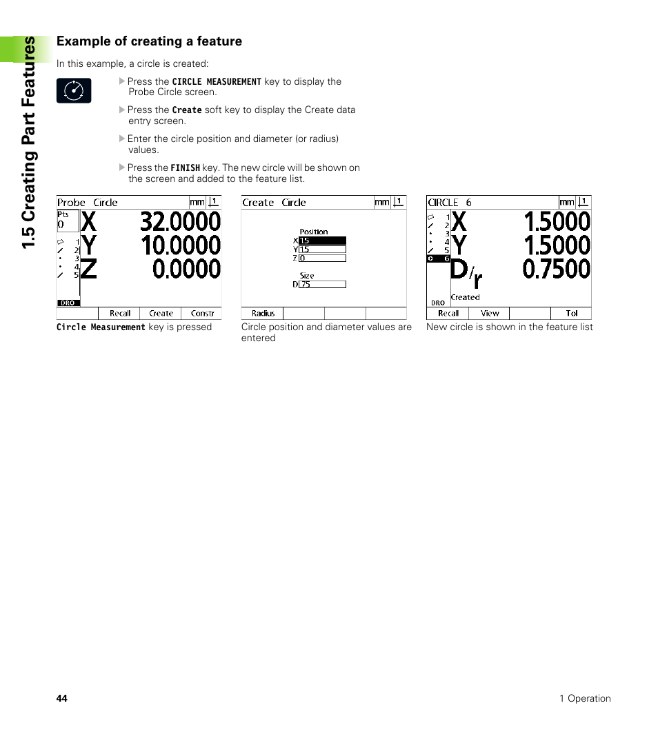 Example of creating a feature, 5 cr eating p a rt f eat ur es | HEIDENHAIN ND 100 User Manual User Manual | Page 44 / 116