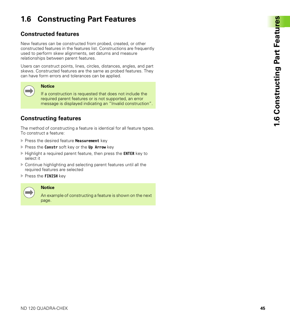 6 constructing part features, Constructed features, Constructing features | Constructed features constructing features | HEIDENHAIN ND 100 User Manual User Manual | Page 45 / 116