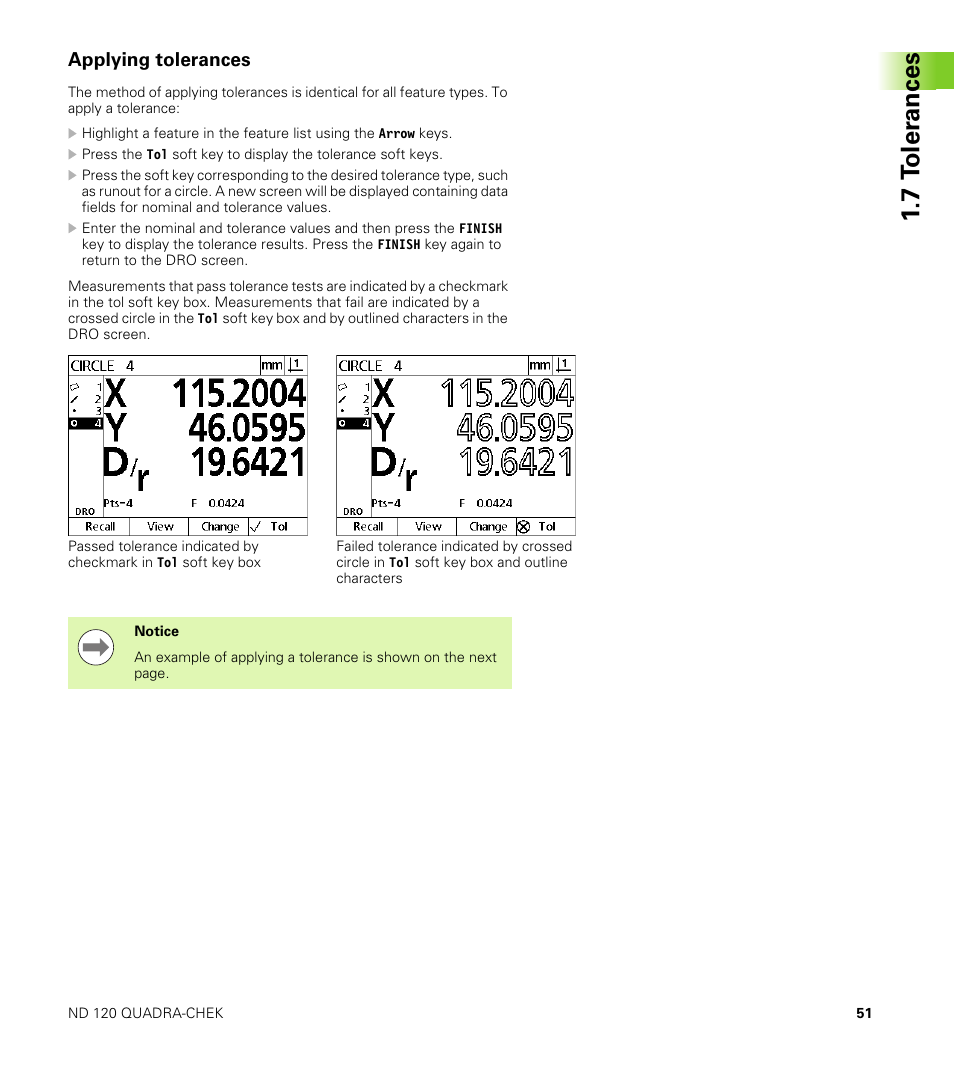 Applying tolerances, 7 t o ler a nces | HEIDENHAIN ND 100 User Manual User Manual | Page 51 / 116