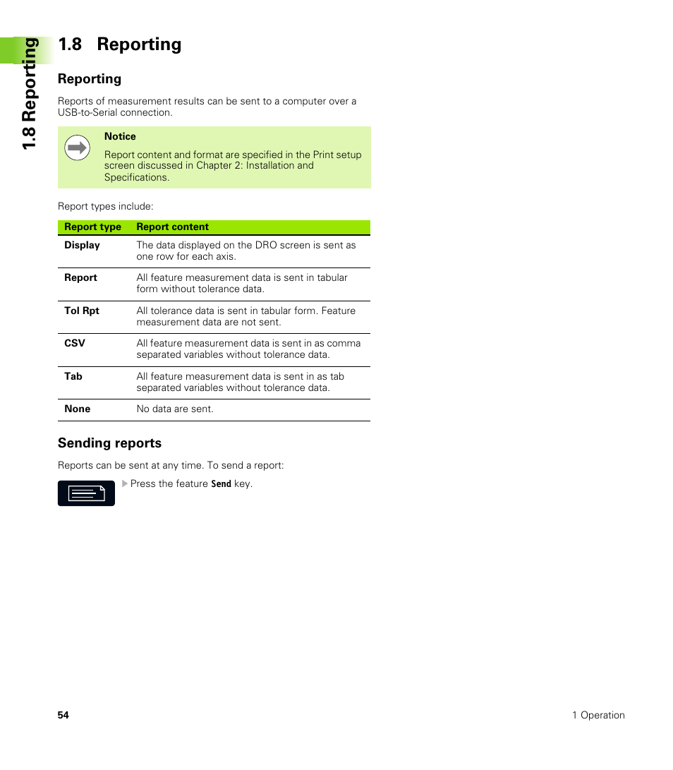 8 reporting, Reporting, Sending reports | Reporting sending reports, 8 repor ting 1.8 reporting | HEIDENHAIN ND 100 User Manual User Manual | Page 54 / 116
