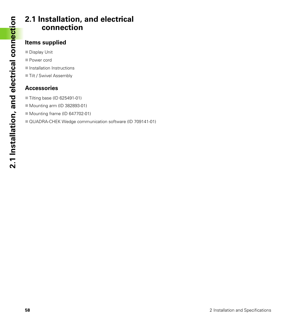 1 installation, and electrical connection, Items supplied, Accessories | Items supplied accessories | HEIDENHAIN ND 100 User Manual User Manual | Page 58 / 116