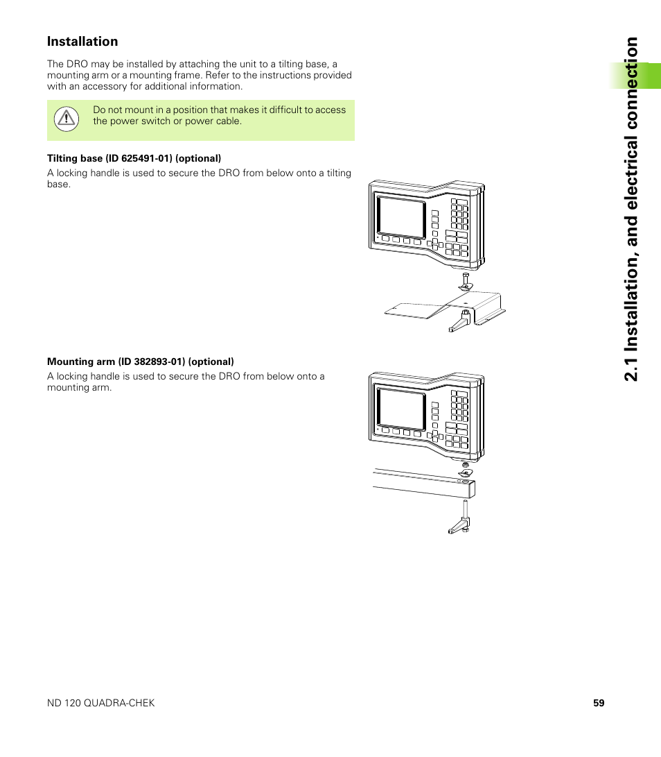 Installation, 1 installation, and electr ical connection | HEIDENHAIN ND 100 User Manual User Manual | Page 59 / 116