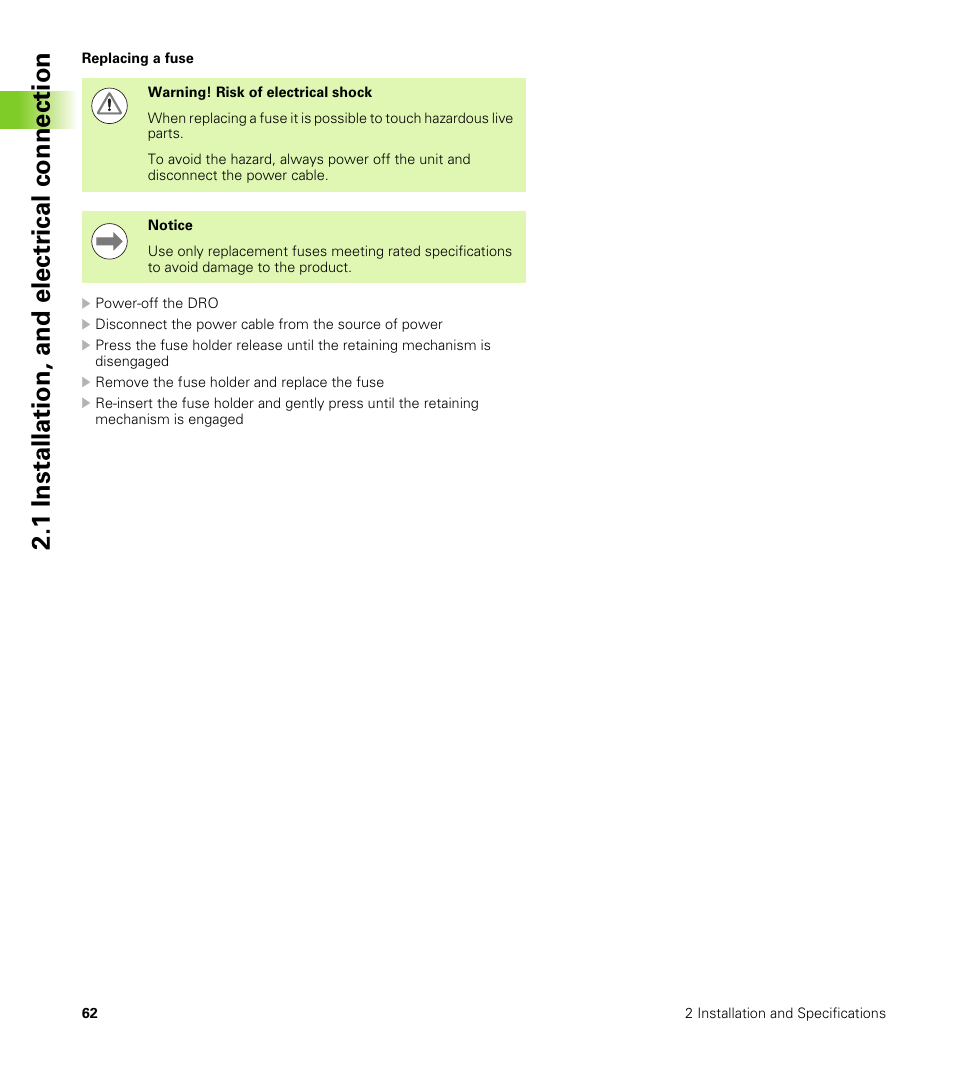 Replacing a fuse, 1 installation, and electr ical connection | HEIDENHAIN ND 100 User Manual User Manual | Page 62 / 116