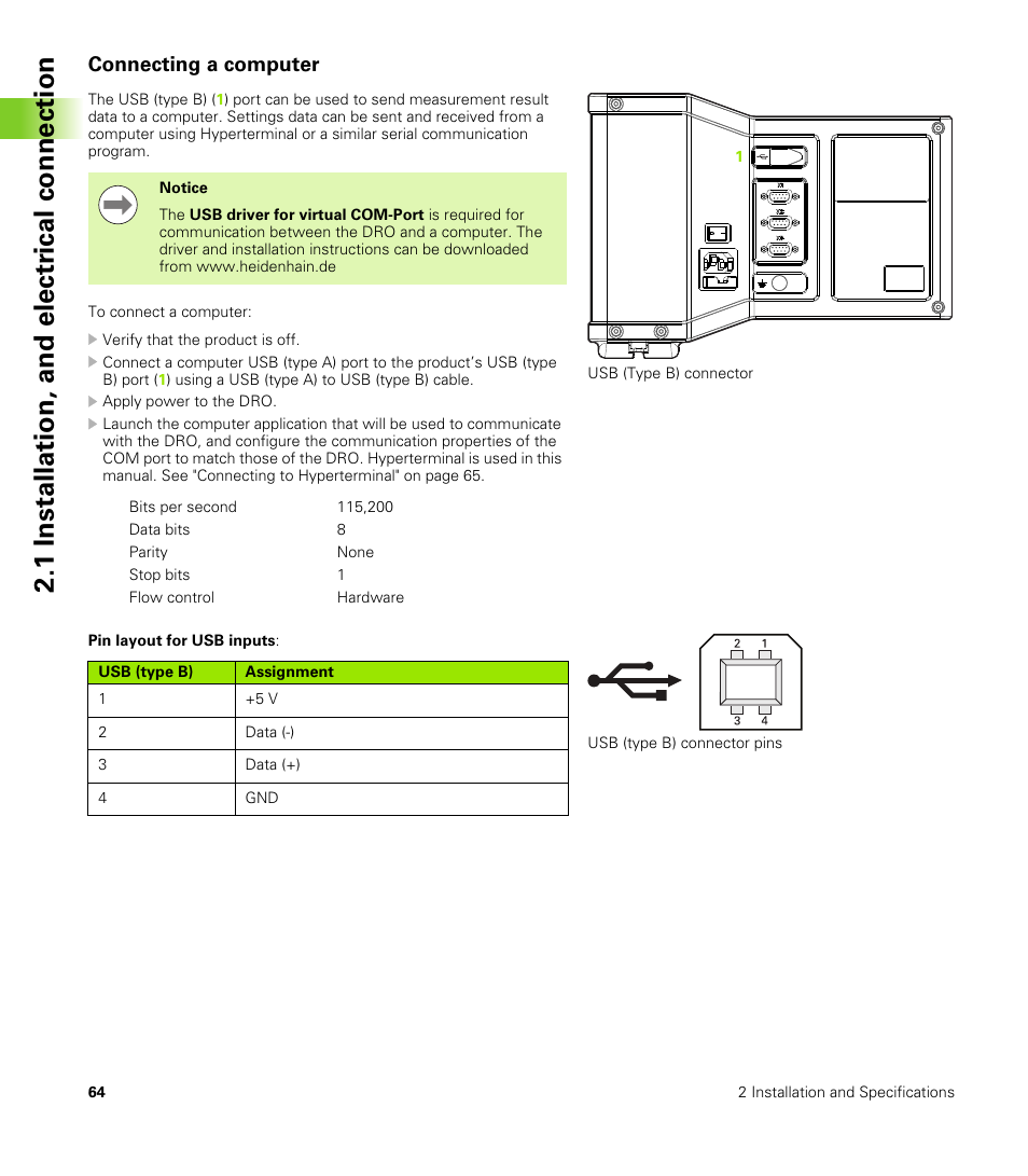 Connecting a computer, 1 installation, and electr ical connection | HEIDENHAIN ND 100 User Manual User Manual | Page 64 / 116