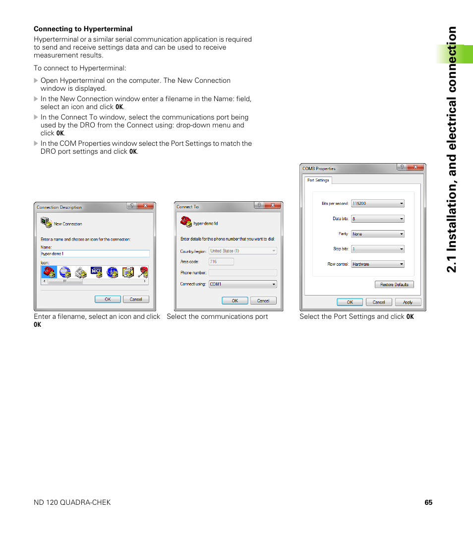 Connecting to hyperterminal, 1 installation, and electr ical connection | HEIDENHAIN ND 100 User Manual User Manual | Page 65 / 116