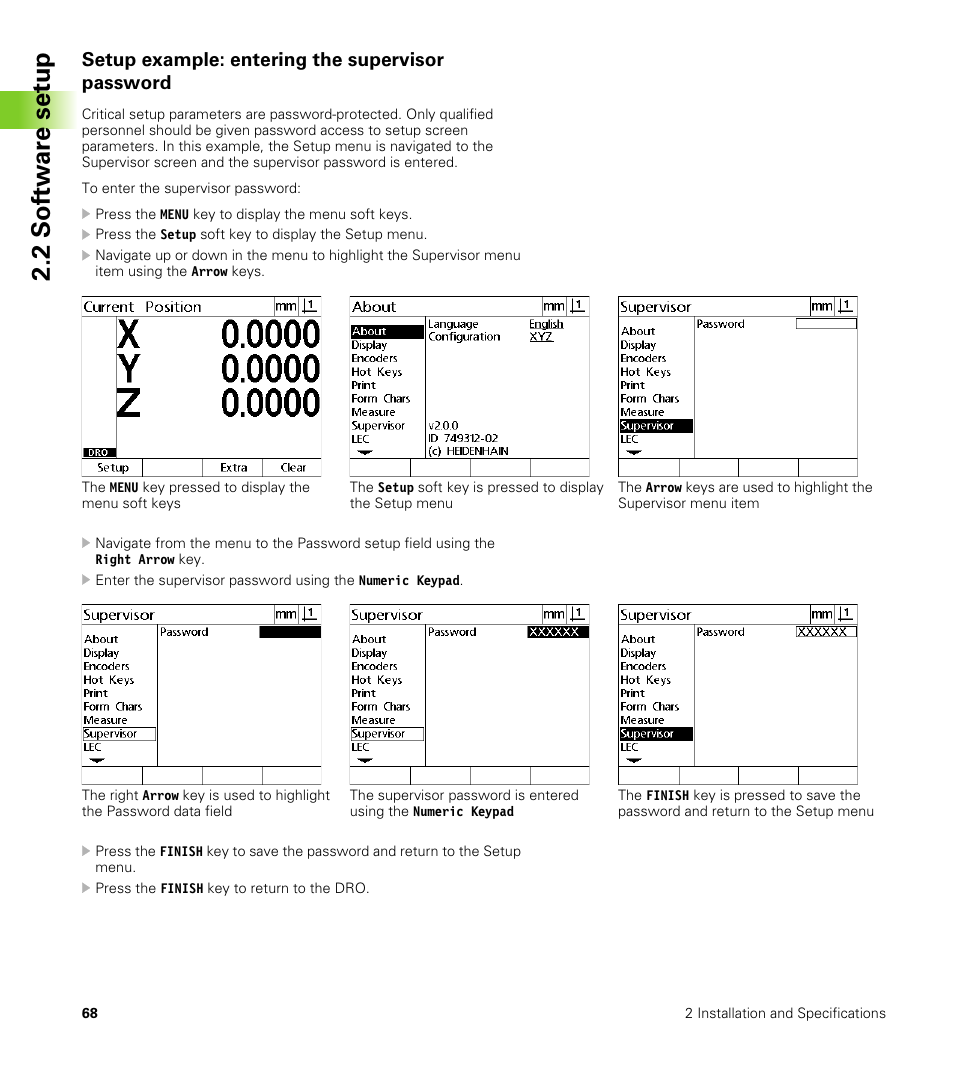 Setup example: entering the supervisor password, 2 s o ft wa re s e tu p | HEIDENHAIN ND 100 User Manual User Manual | Page 68 / 116