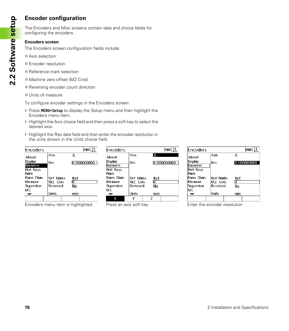 Encoder configuration, Encoders screen, 2 s o ft wa re s e tu p | HEIDENHAIN ND 100 User Manual User Manual | Page 76 / 116