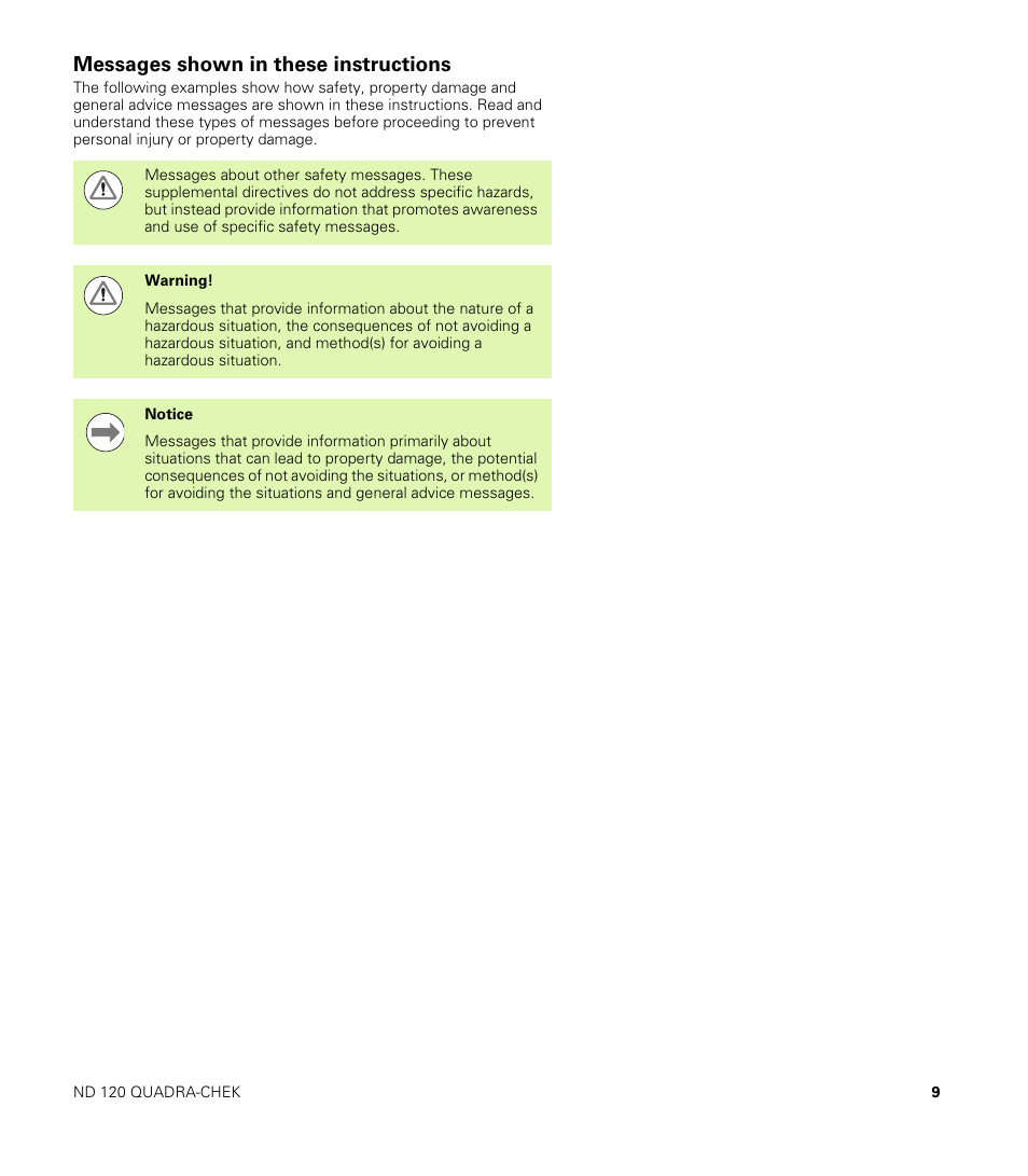 Messages shown in these instructions | HEIDENHAIN ND 100 User Manual User Manual | Page 9 / 116