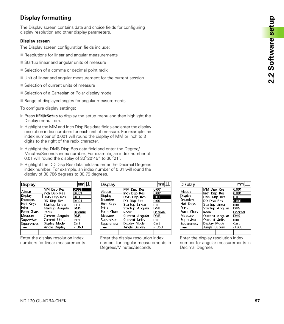 Display formatting, Display screen, 2 s o ft wa re s e tu p | HEIDENHAIN ND 100 User Manual User Manual | Page 97 / 116