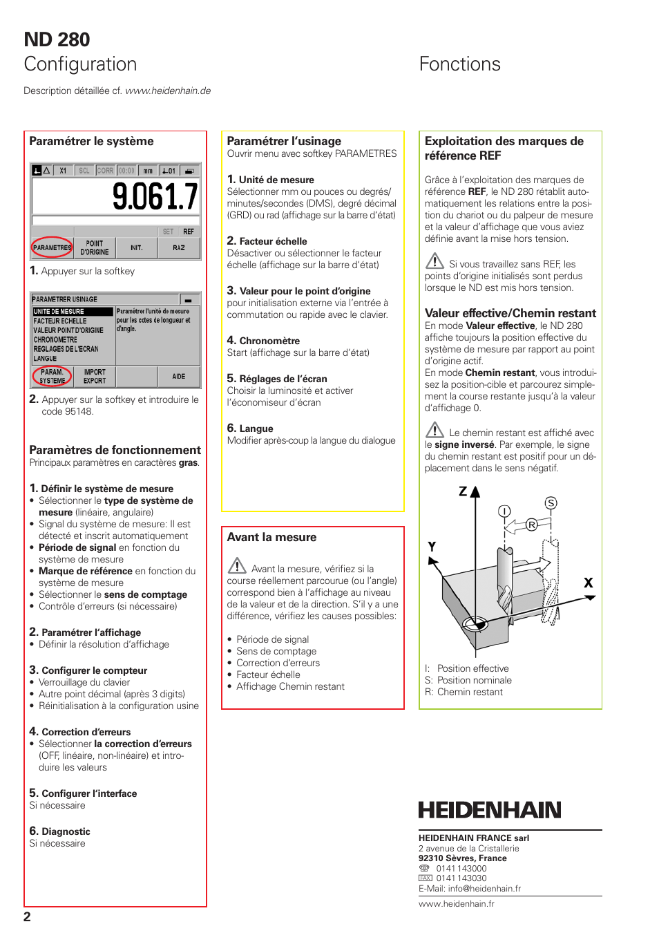 Nd 280 confi guration, Fonctions | HEIDENHAIN ND 280 Quick Start User Manual | Page 10 / 12