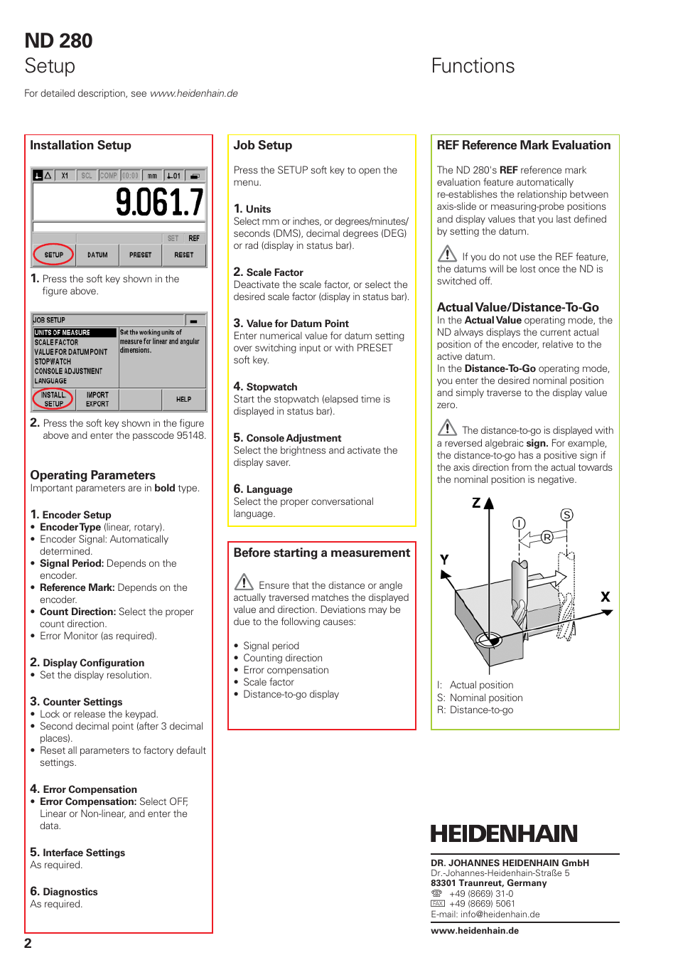 Nd 280 setup, Functions | HEIDENHAIN ND 280 Quick Start User Manual | Page 6 / 12