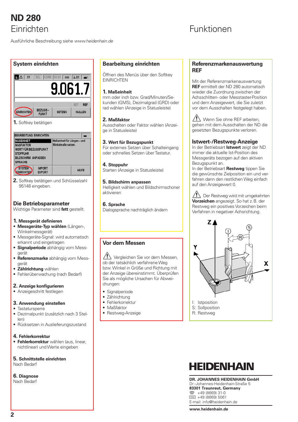 Nd 280 einrichten, Funktionen | HEIDENHAIN ND 280 Quick Start User Manual | Page 8 / 12