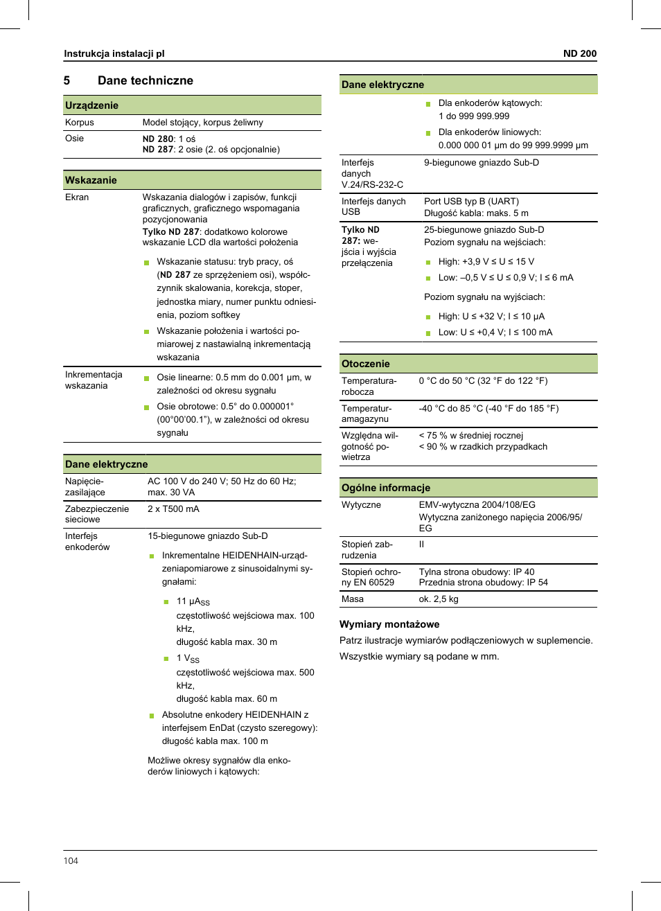 5 dane techniczne, Poziom sygnału wejść patrz "dane techniczne, Poziom sygnału wyjść patrz "dane techniczne | 5dane techniczne | HEIDENHAIN ND 200 User Manual | Page 102 / 156