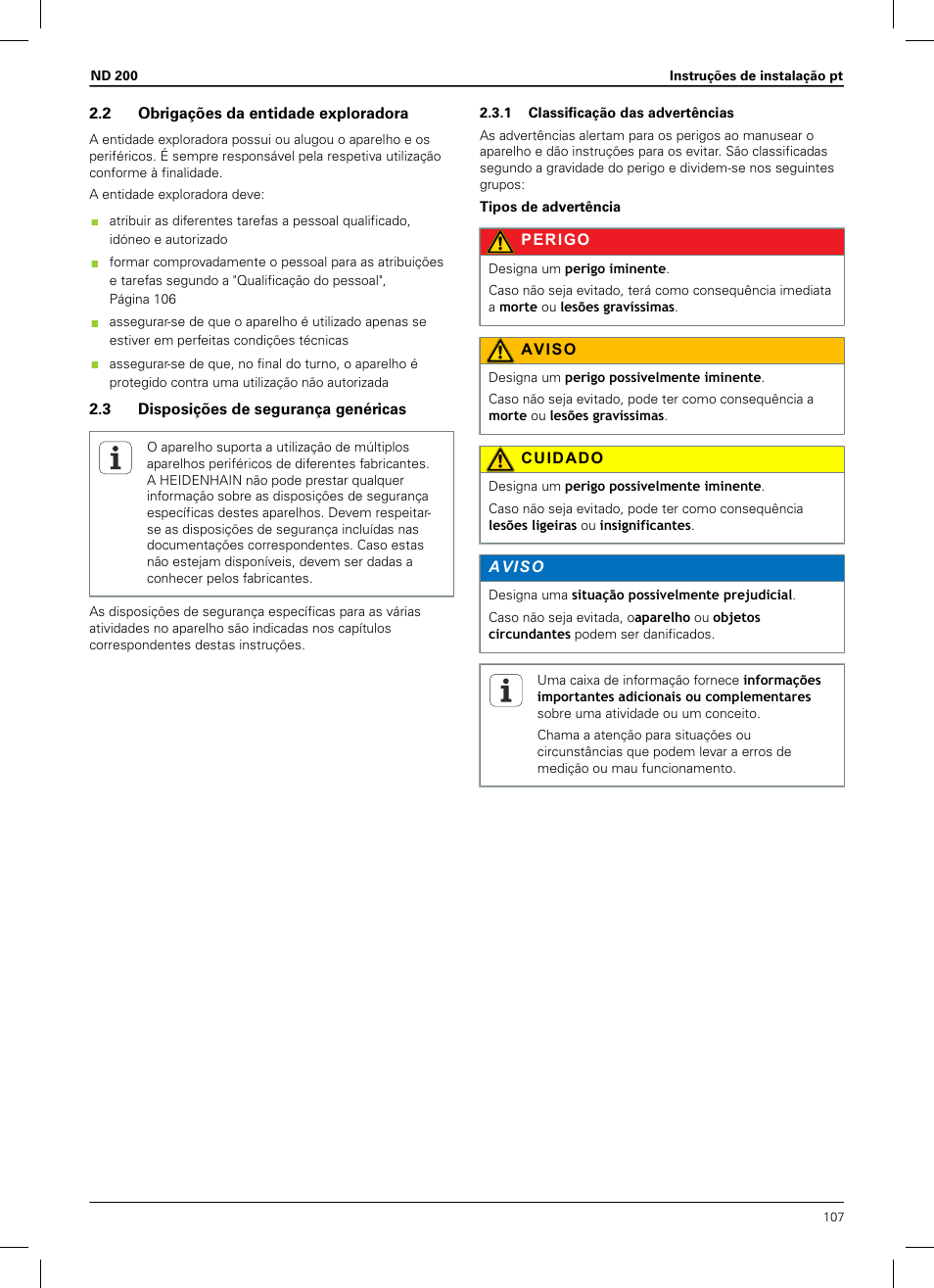 2 obrigações da entidade exploradora, 3 disposições de segurança genéricas, 1 classificação das advertências | HEIDENHAIN ND 200 User Manual | Page 105 / 156