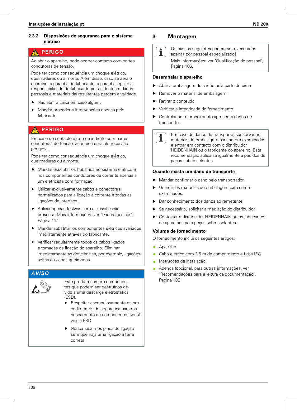 2 disposições de segurança para o sistema elétrico, 3 montagem, 3montagem | HEIDENHAIN ND 200 User Manual | Page 106 / 156