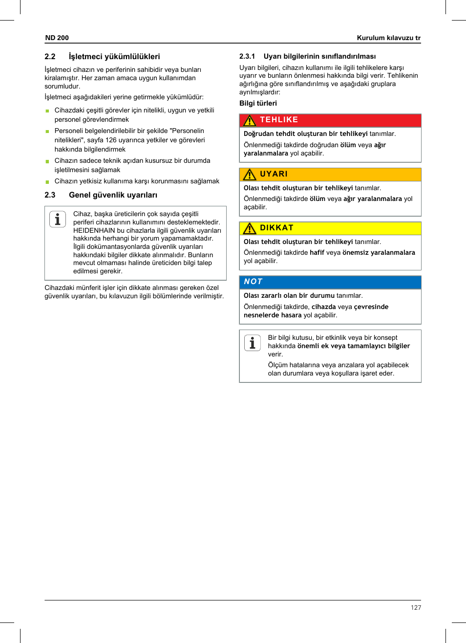 2 işletmeci yükümlülükleri, 3 genel güvenlik uyarıları, 1 uyarı bilgilerinin sınıflandırılması | HEIDENHAIN ND 200 User Manual | Page 125 / 156