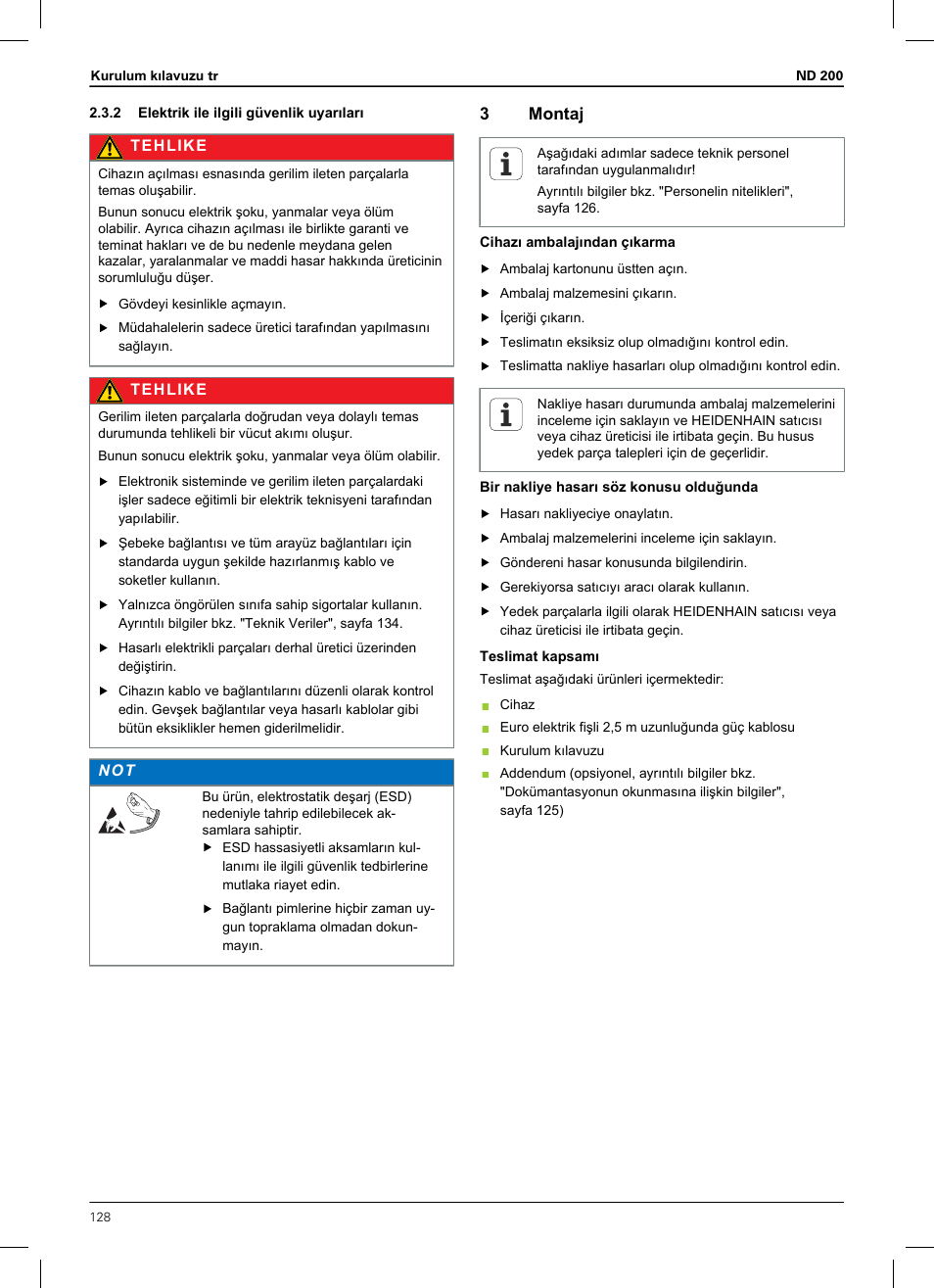 2 elektrik ile ilgili güvenlik uyarıları, 3 montaj | HEIDENHAIN ND 200 User Manual | Page 126 / 156