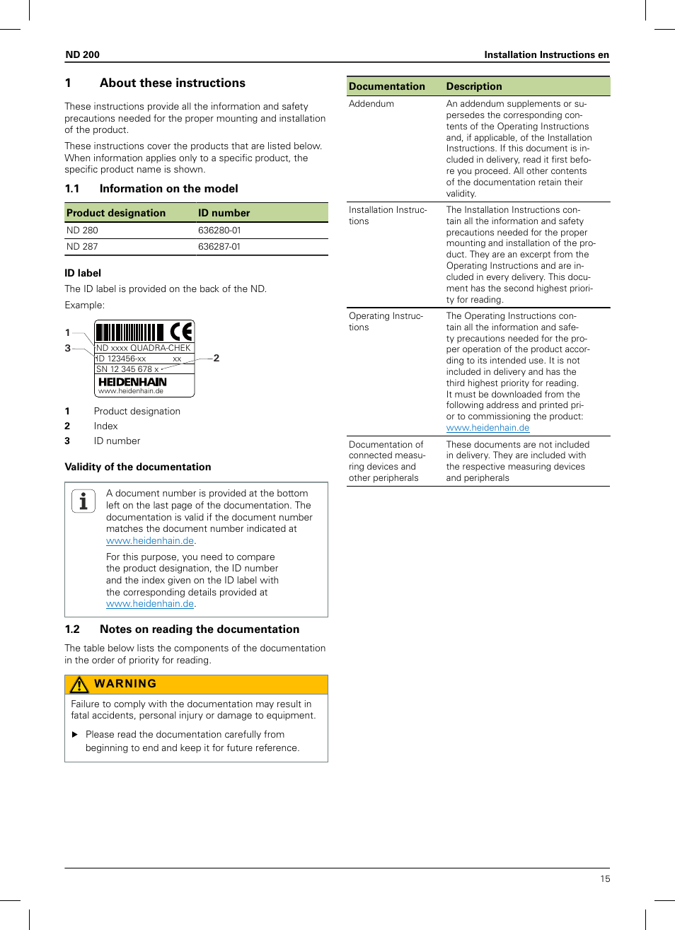 1 about these instructions, 1 information on the model, 2 notes on reading the documentation | Installation instructions, 1about these instructions | HEIDENHAIN ND 200 User Manual | Page 13 / 156