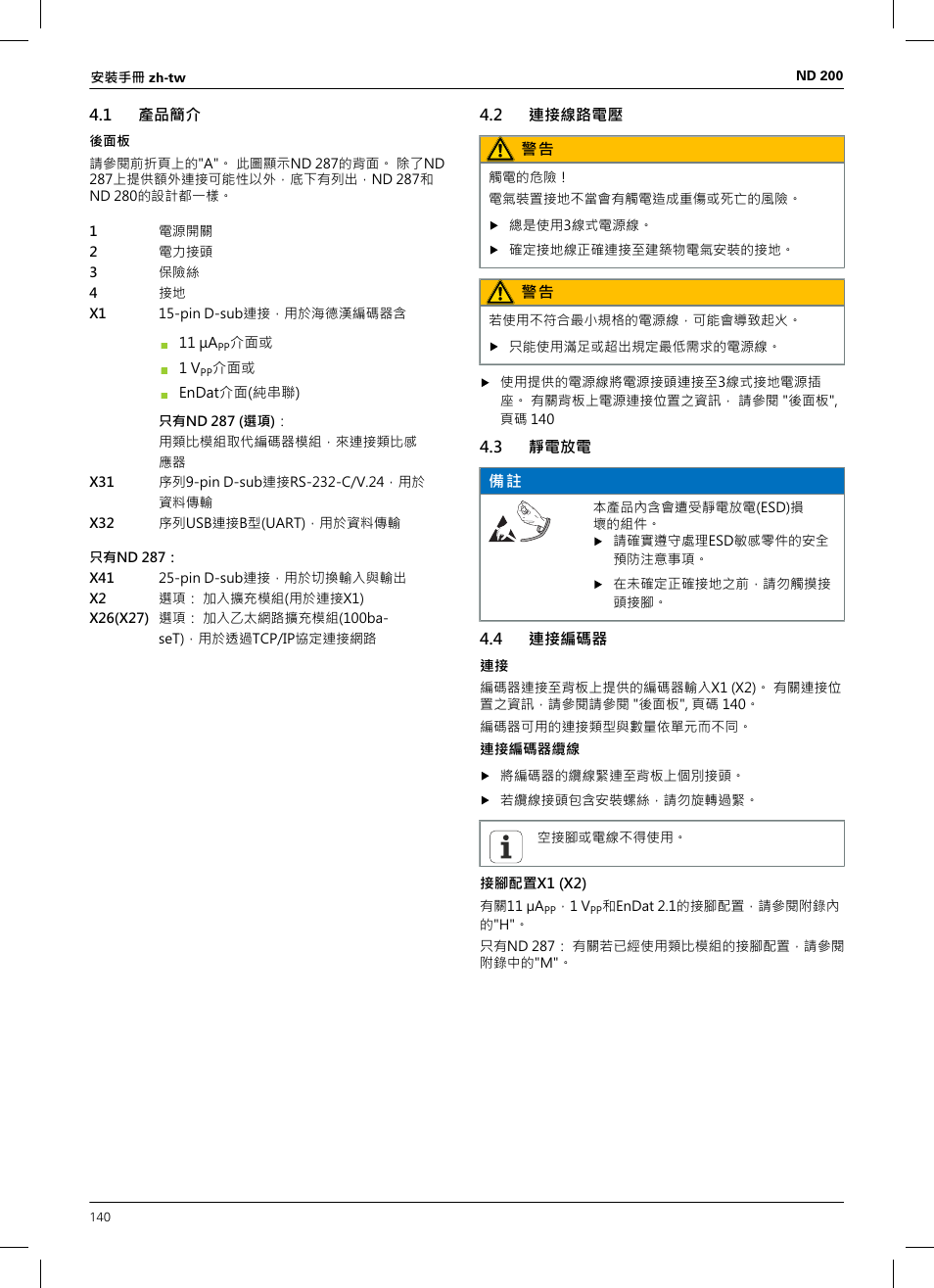 1 產品簡介, 2 連接線路電壓, 3 靜電放電 | 4 連接編碼器 | HEIDENHAIN ND 200 User Manual | Page 138 / 156