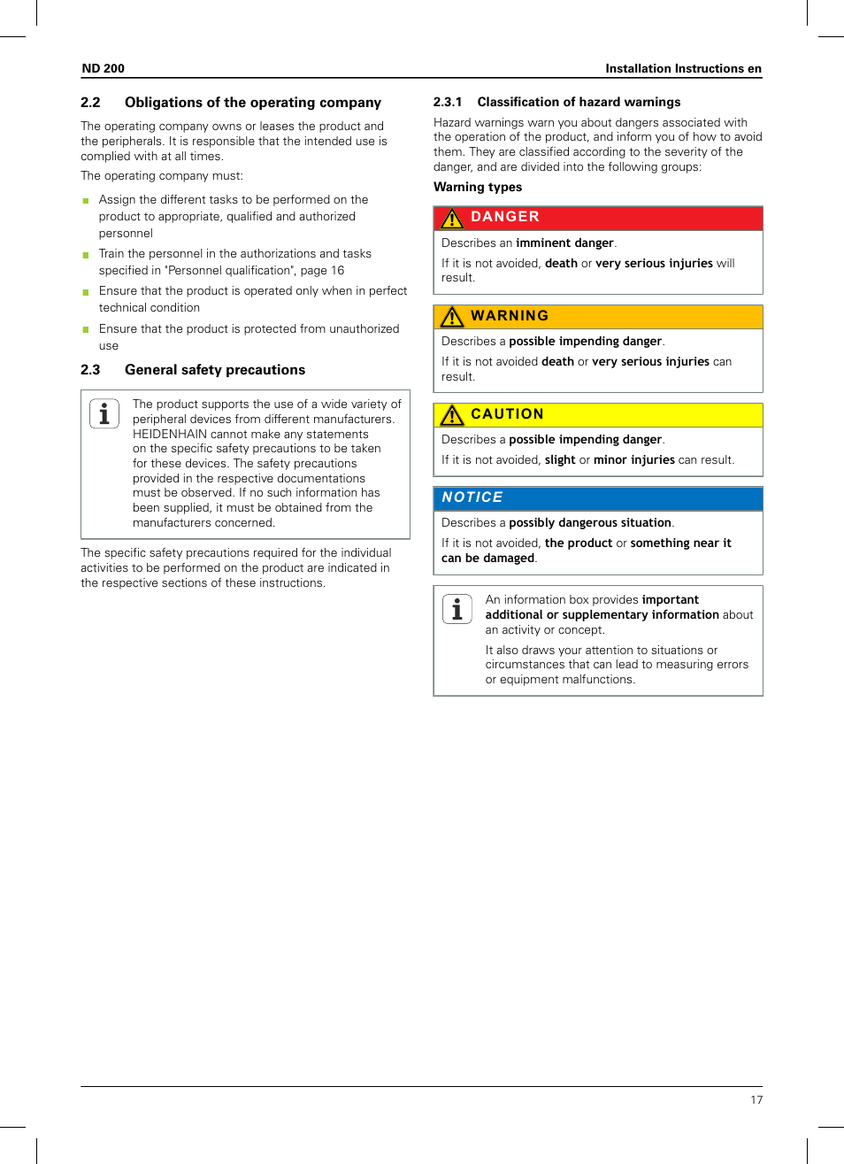 2 obligations of the operating company, 3 general safety precautions, 1 classification of hazard warnings | HEIDENHAIN ND 200 User Manual | Page 15 / 156