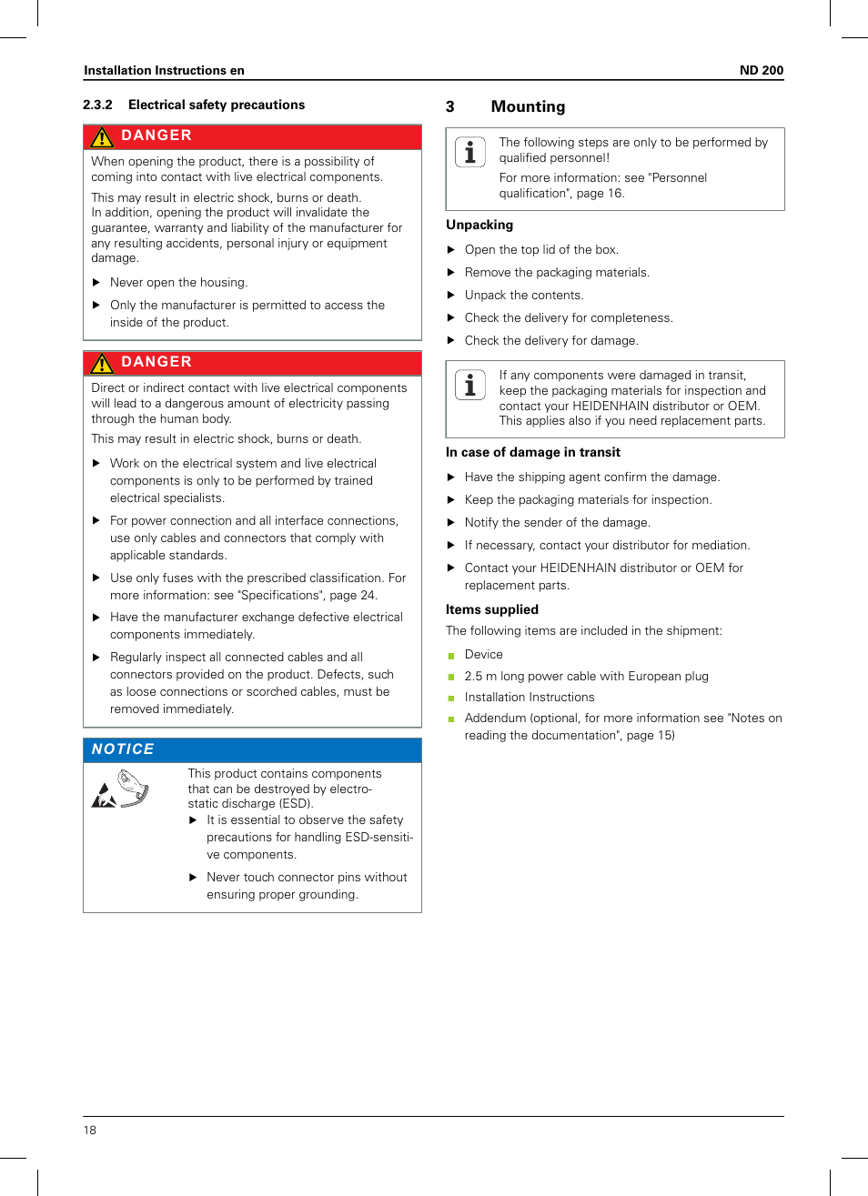 2 electrical safety precautions, 3 mounting | HEIDENHAIN ND 200 User Manual | Page 16 / 156