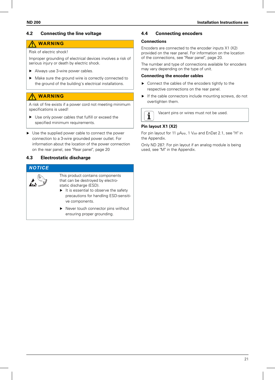 2 connecting the line voltage, 3 electrostatic discharge, 4 connecting encoders | HEIDENHAIN ND 200 User Manual | Page 19 / 156