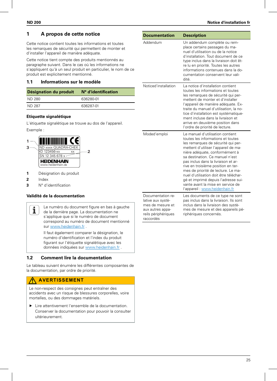 1 a propos de cette notice, 1 informations sur le modèle, 2 comment lire la documentation | Notice d'installation, 1a propos de cette notice | HEIDENHAIN ND 200 User Manual | Page 23 / 156
