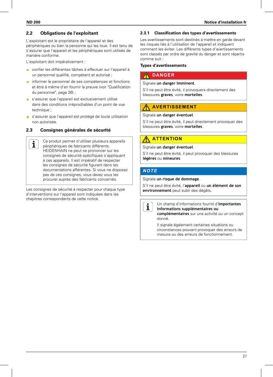 2 obligations de l'exploitant, 3 consignes générales de sécurité, 1 classification des types d'avertissements | HEIDENHAIN ND 200 User Manual | Page 25 / 156