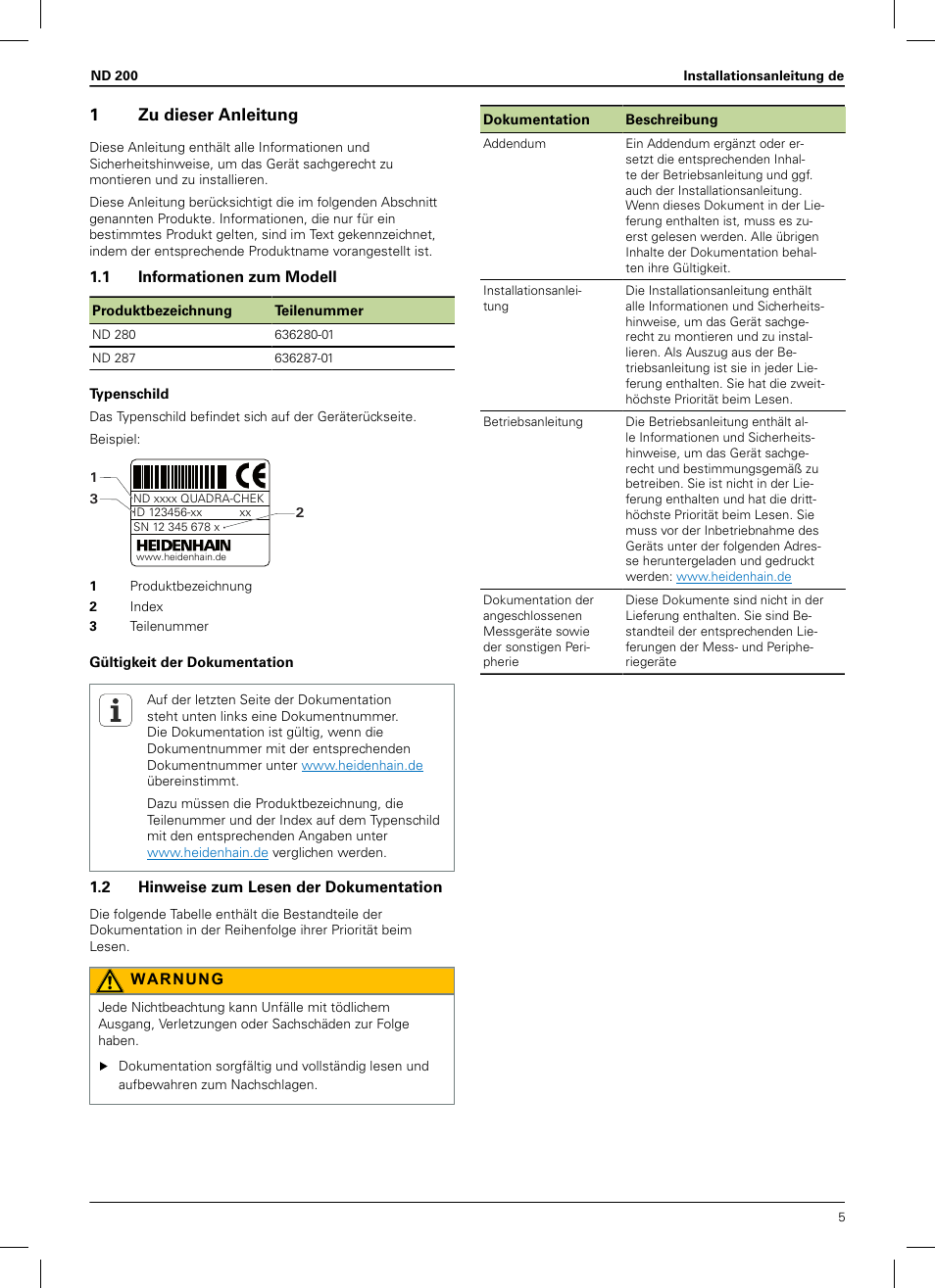 1 zu dieser anleitung, 1 informationen zum modell, 2 hinweise zum lesen der dokumentation | Installationsanleitung, 1zu dieser anleitung | HEIDENHAIN ND 200 User Manual | Page 3 / 156