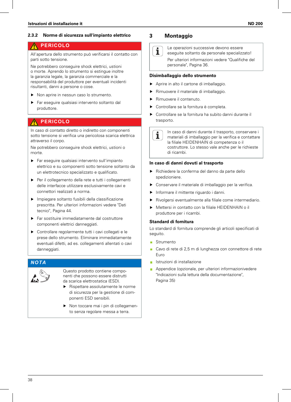 2 norme di sicurezza sull'impianto elettrico, 3 montaggio, 3montaggio | HEIDENHAIN ND 200 User Manual | Page 36 / 156