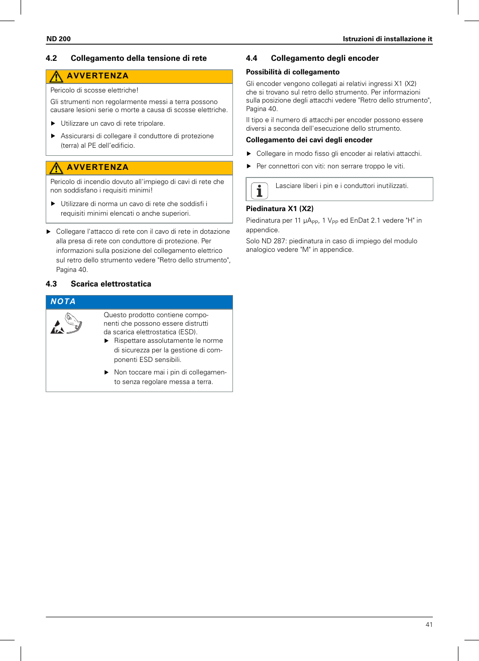 2 collegamento della tensione di rete, 3 scarica elettrostatica, 4 collegamento degli encoder | HEIDENHAIN ND 200 User Manual | Page 39 / 156