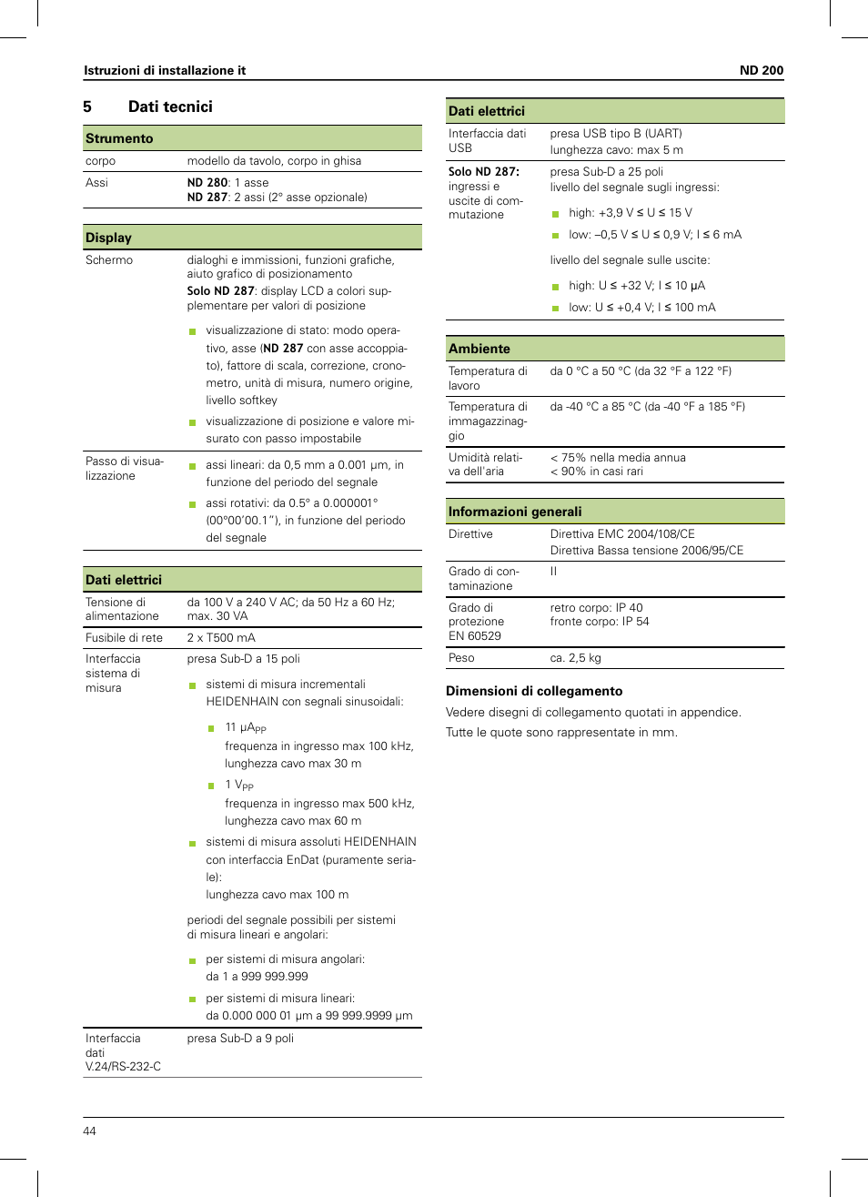 5 dati tecnici, Ello di segnale delle uscite vedere "dati tecnici, 5dati tecnici | HEIDENHAIN ND 200 User Manual | Page 42 / 156