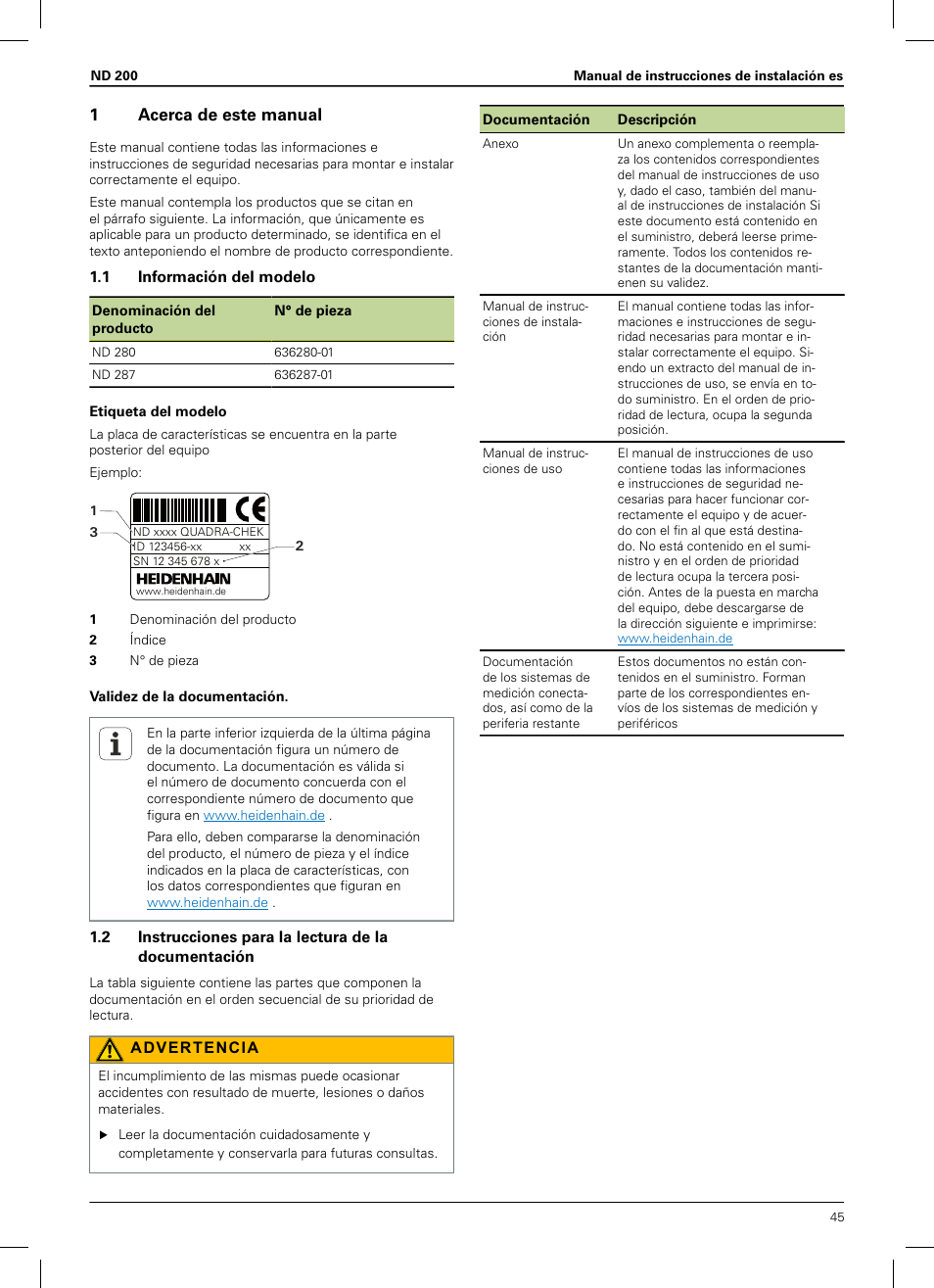 1 acerca de este manual, 1 información del modelo, Manual de instrucciones de instalación | 1acerca de este manual | HEIDENHAIN ND 200 User Manual | Page 43 / 156