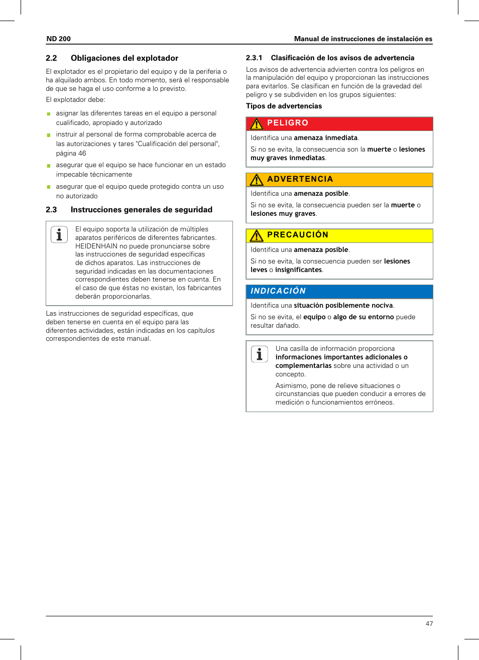 2 obligaciones del explotador, 3 instrucciones generales de seguridad, 1 clasificación de los avisos de advertencia | HEIDENHAIN ND 200 User Manual | Page 45 / 156