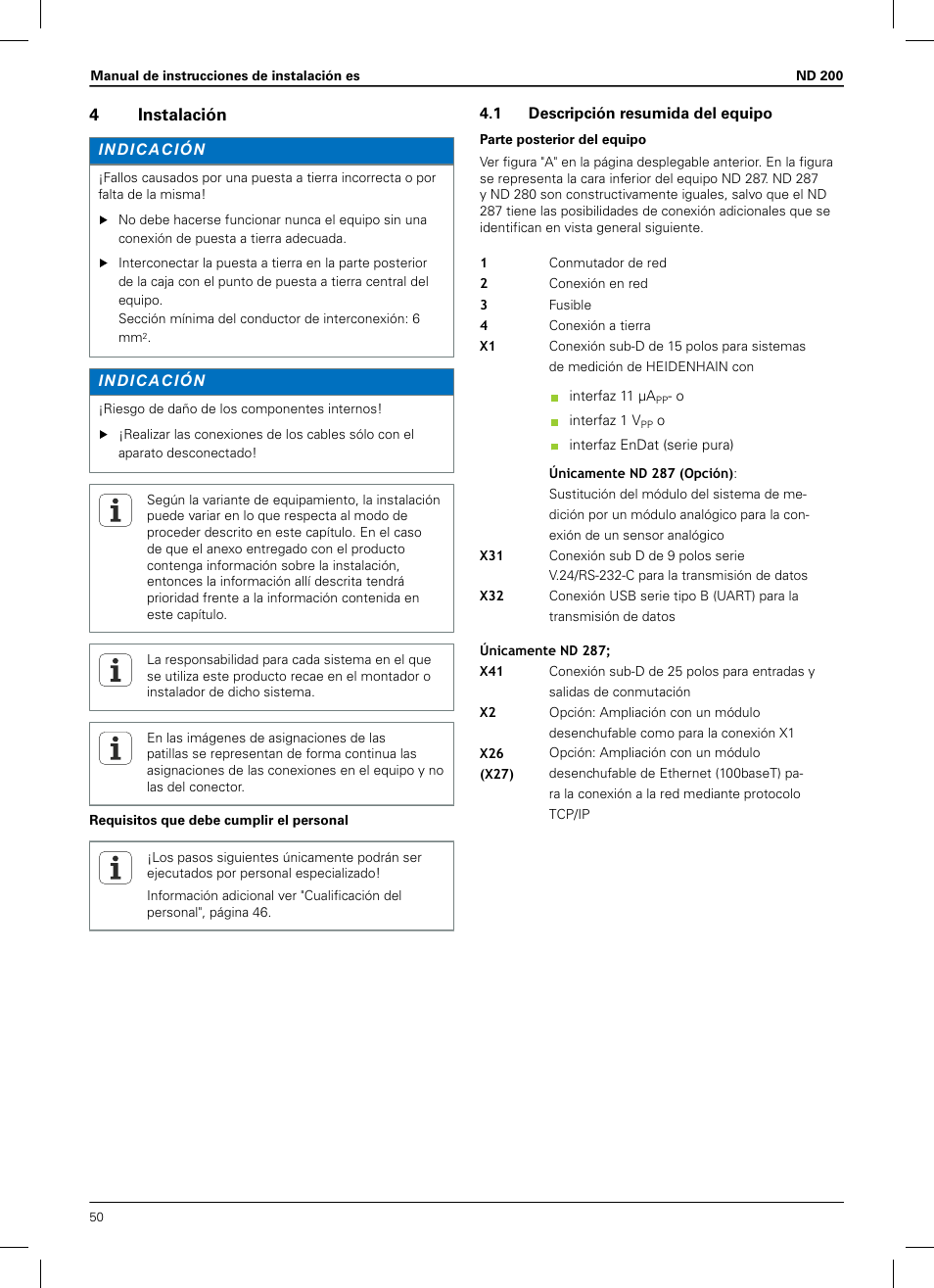 4 instalación, 1 descripción resumida del equipo, 4instalación | HEIDENHAIN ND 200 User Manual | Page 48 / 156