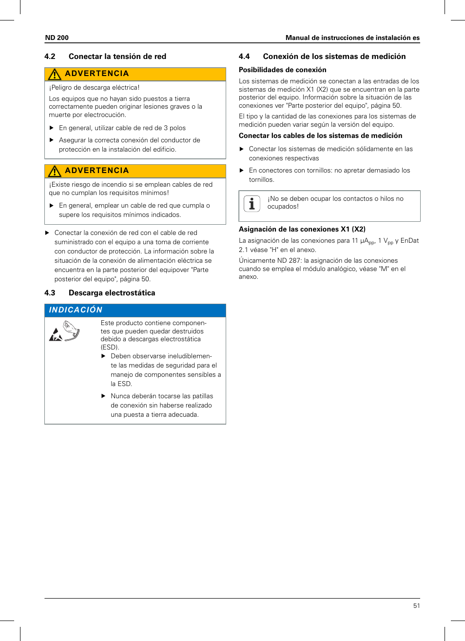 2 conectar la tensión de red, 3 descarga electrostática, 4 conexión de los sistemas de medición | HEIDENHAIN ND 200 User Manual | Page 49 / 156