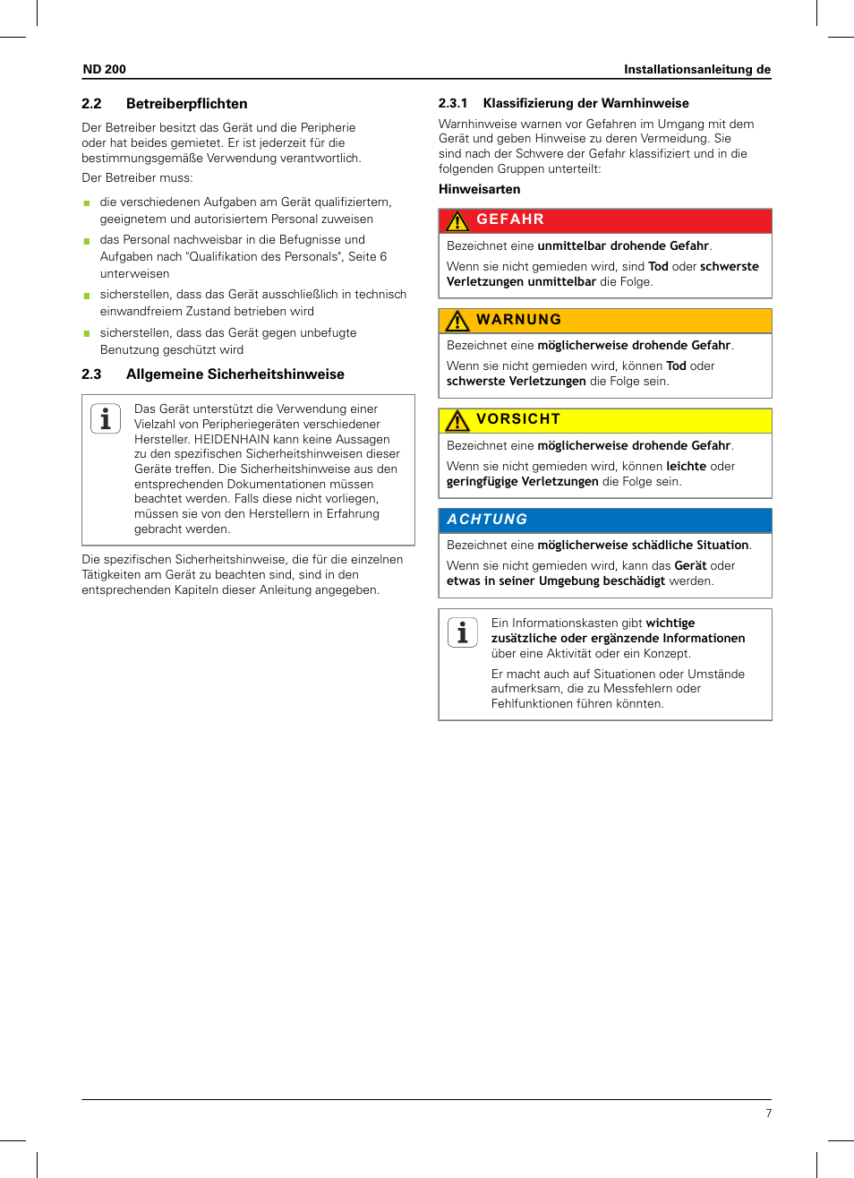 2 betreiberpflichten, 3 allgemeine sicherheitshinweise, 1 klassifizierung der warnhinweise | HEIDENHAIN ND 200 User Manual | Page 5 / 156