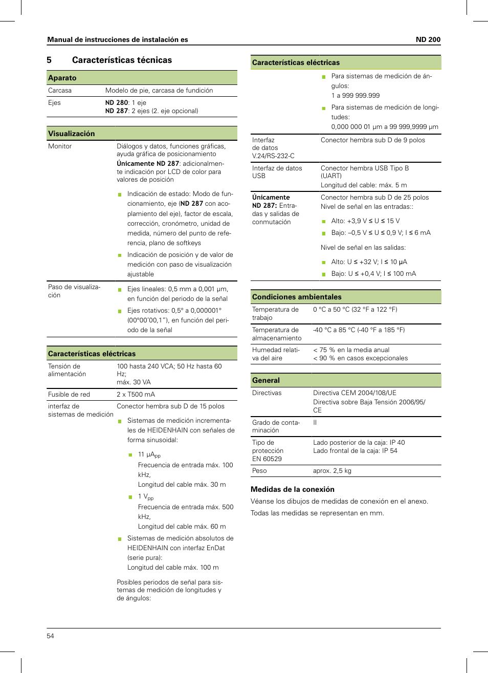 5 características técnicas, 5características técnicas | HEIDENHAIN ND 200 User Manual | Page 52 / 156