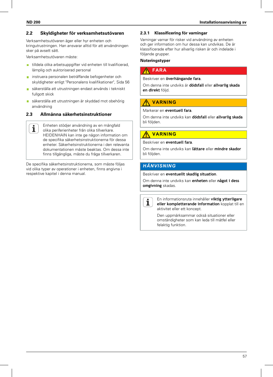 2 skyldigheter för verksamhetsutövaren, 3 allmänna säkerhetsinstruktioner, 1 klassificering för varningar | HEIDENHAIN ND 200 User Manual | Page 55 / 156