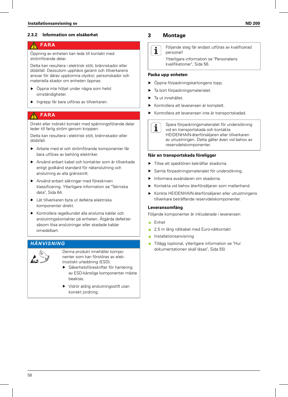2 information om elsäkerhet, 3 montage | HEIDENHAIN ND 200 User Manual | Page 56 / 156
