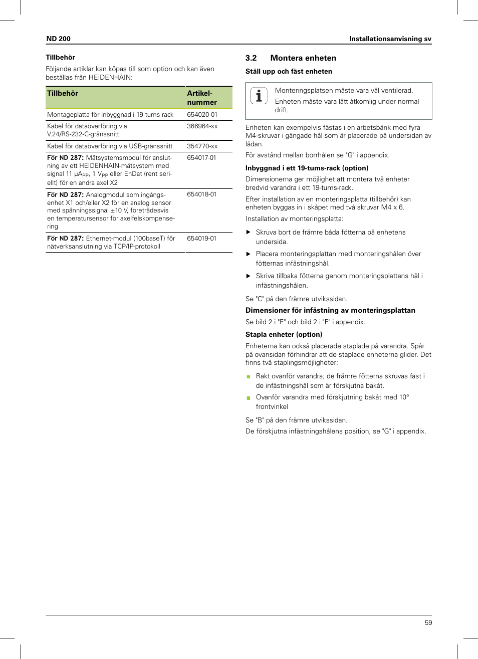 2 montera enheten | HEIDENHAIN ND 200 User Manual | Page 57 / 156