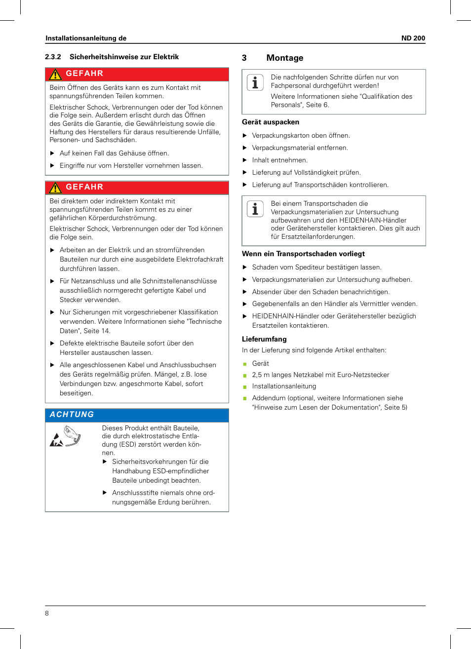 2 sicherheitshinweise zur elektrik, 3 montage, 3montage | HEIDENHAIN ND 200 User Manual | Page 6 / 156
